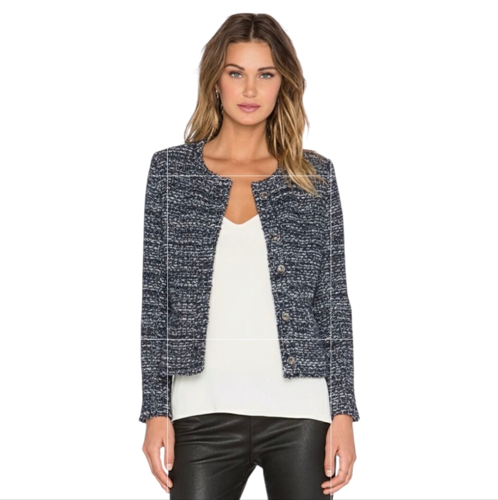 IRO | Carene Tweed Bouclé Navy Knit Jacket Size 36 Small Blue Gray Snap Front